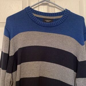 Men’s Lands’End Drifter Sz L sweater gray navy & medium blue vertical striped